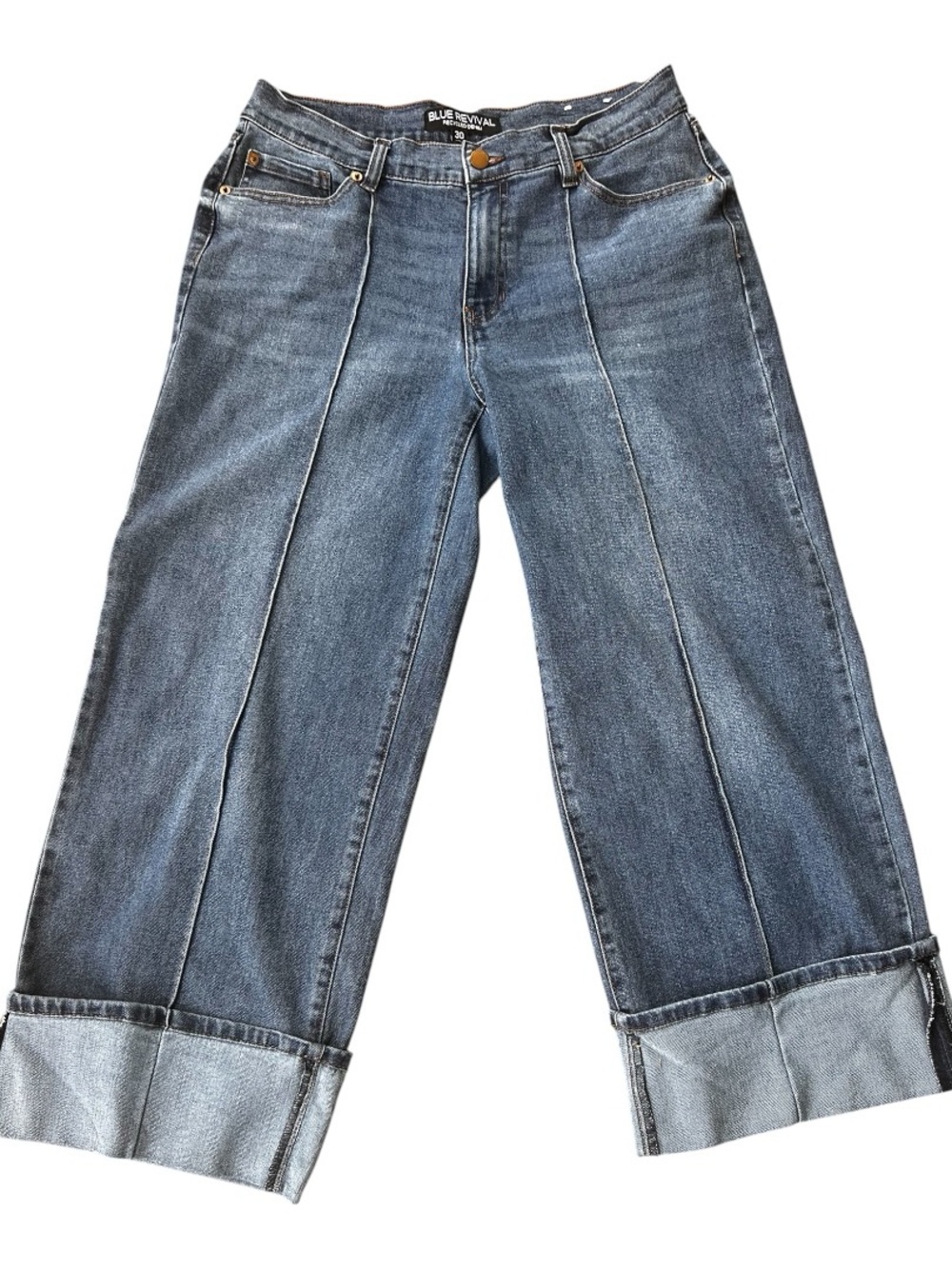 Blue Revival Wide Leg Cropped Jeans Cuffed Hem Size 30